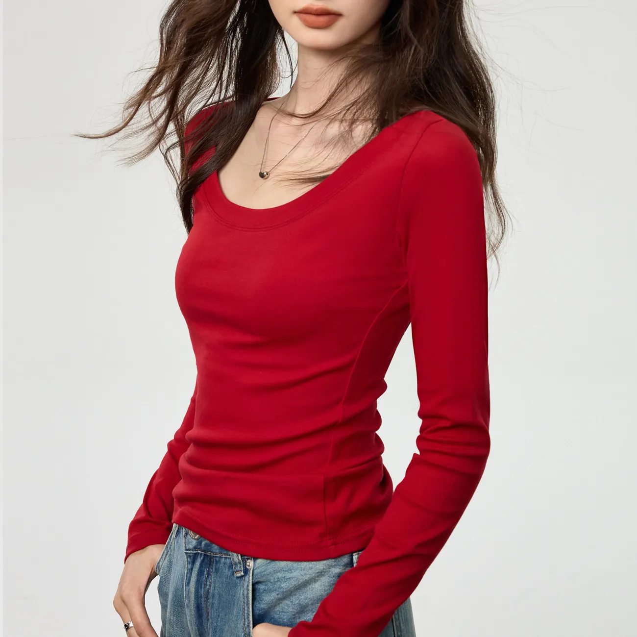 Women's Combed Cotton Long Sleeve T-Shirt - U-Neck Slim Fit Versatile Top for Autumn, Simple Solid Color Undershirt thumbnail 3