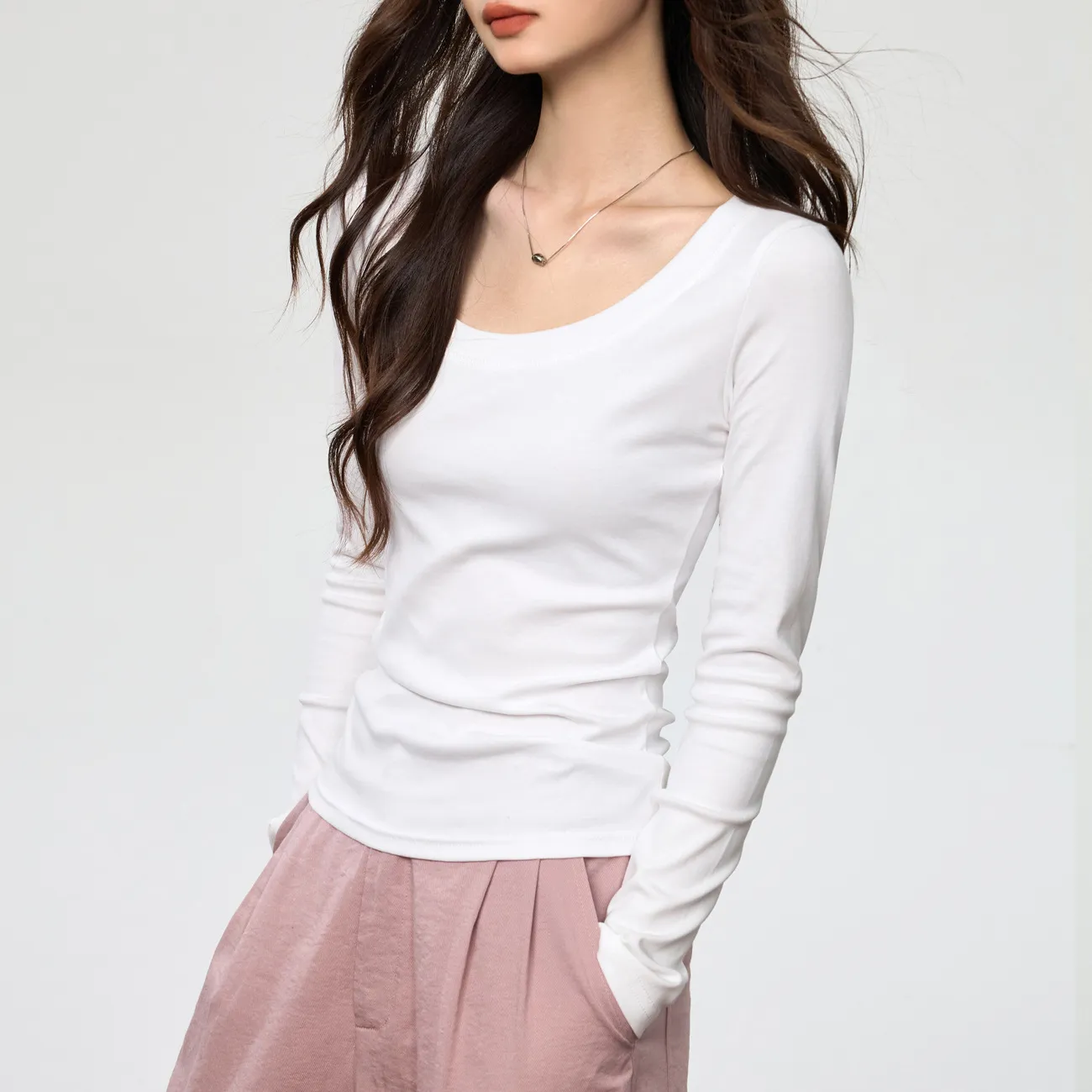 Women's Combed Cotton Long Sleeve T-Shirt - U-Neck Slim Fit Versatile Top for Autumn, Simple Solid Color Undershirt thumbnail 9