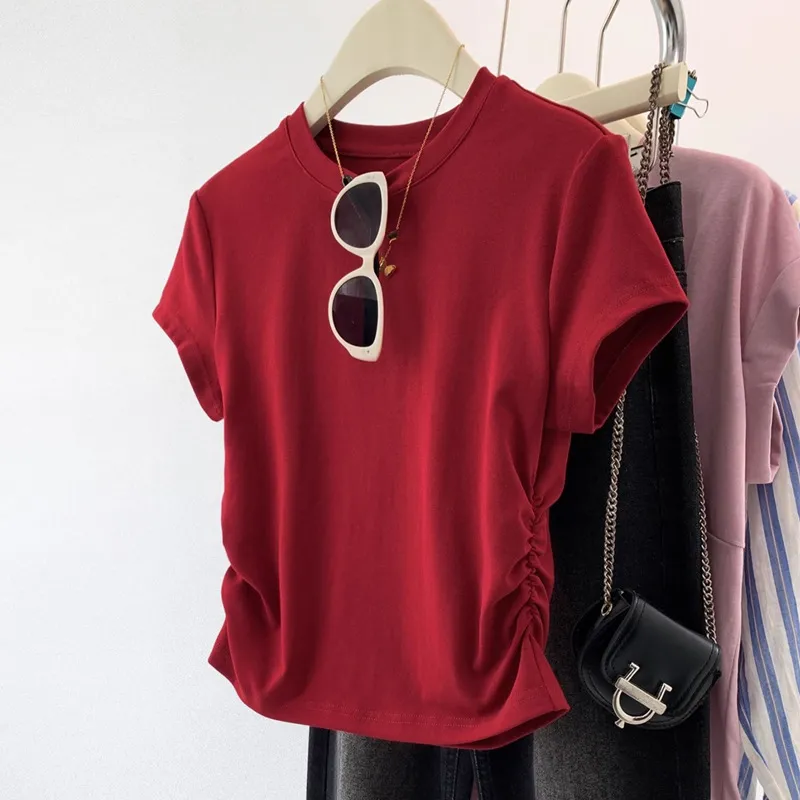 Women's Slim Fit Red Crop Top T-Shirt - Pure Cotton Short Sleeve Western Style Tee for Summer, High Waist Bottoming Shirt showcase 1