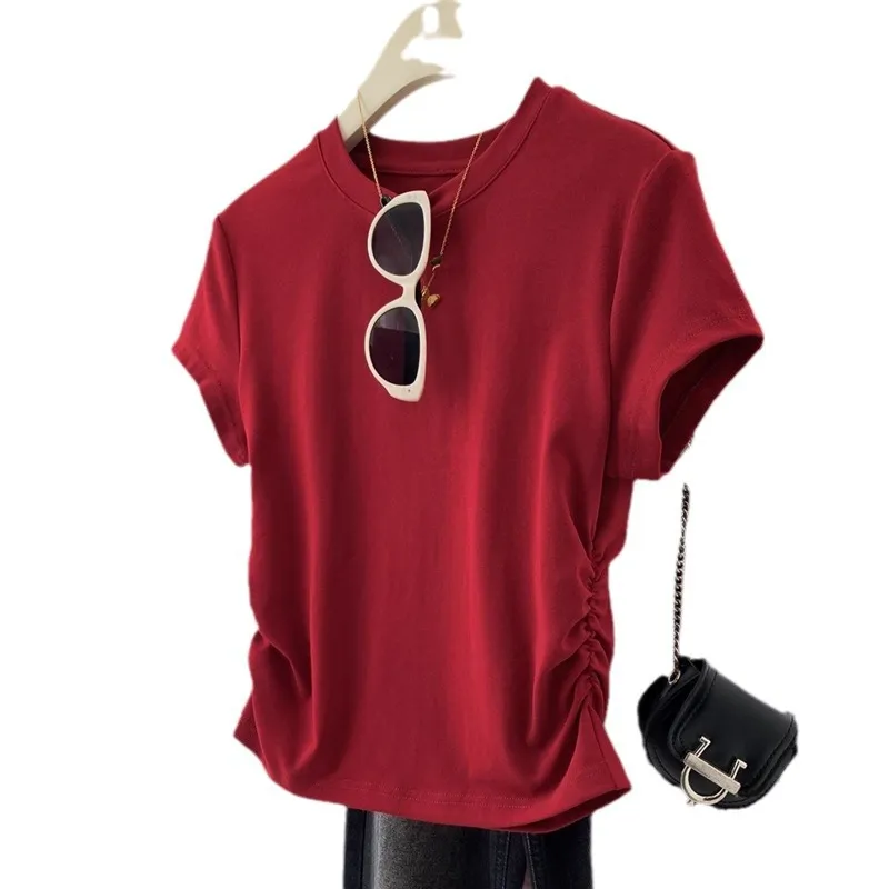 Women's Slim Fit Red Crop Top T-Shirt - Pure Cotton Short Sleeve Western Style Tee for Summer, High Waist Bottoming Shirt thumbnail 5