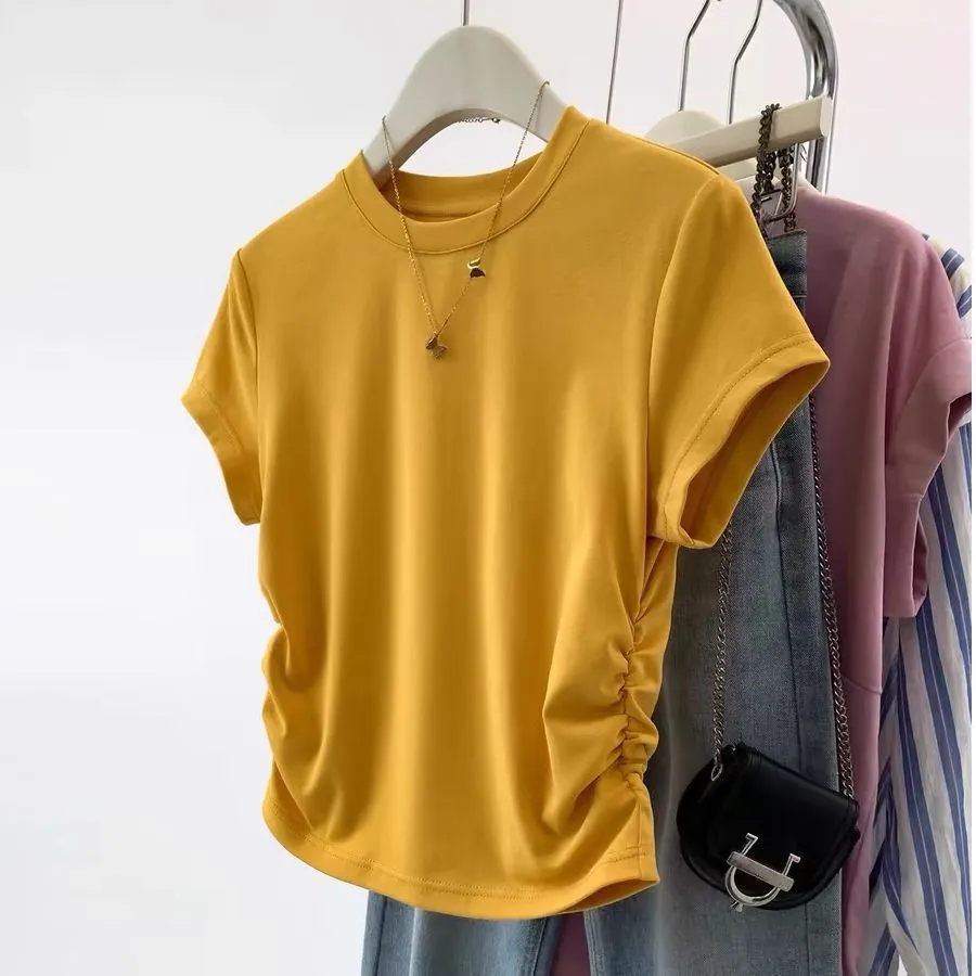 Women's Slim Fit Red Crop Top T-Shirt - Pure Cotton Short Sleeve Western Style Tee for Summer, High Waist Bottoming Shirt showcase 11