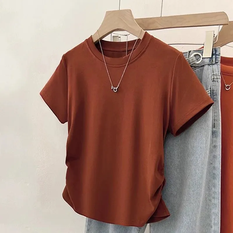 Women's Slim Fit Red Crop Top T-Shirt - Pure Cotton Short Sleeve Western Style Tee for Summer, High Waist Bottoming Shirt thumbnail 7