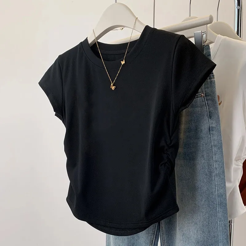 Women's Slim Fit Red Crop Top T-Shirt - Pure Cotton Short Sleeve Western Style Tee for Summer, High Waist Bottoming Shirt thumbnail 8
