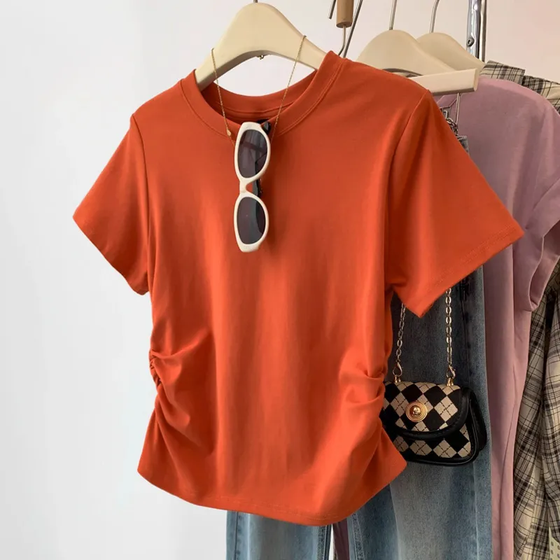 Women's Slim Fit Red Crop Top T-Shirt - Pure Cotton Short Sleeve Western Style Tee for Summer, High Waist Bottoming Shirt showcase 13
