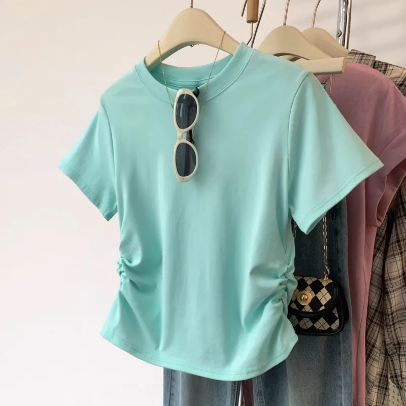 Women's Slim Fit Red Crop Top T-Shirt - Pure Cotton Short Sleeve Western Style Tee for Summer, High Waist Bottoming Shirt thumbnail 10