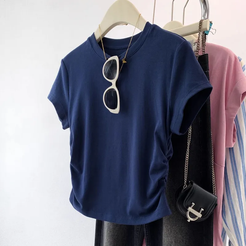 Women's Slim Fit Red Crop Top T-Shirt - Pure Cotton Short Sleeve Western Style Tee for Summer, High Waist Bottoming Shirt showcase 15