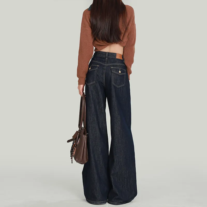 Women's Dark Blue Wide Leg Jeans - American Style High Waist Loose Fit Straight Leg Drape Pants - Trendy Autumn Versatile Slimming Floor Length Denim thumbnail 5