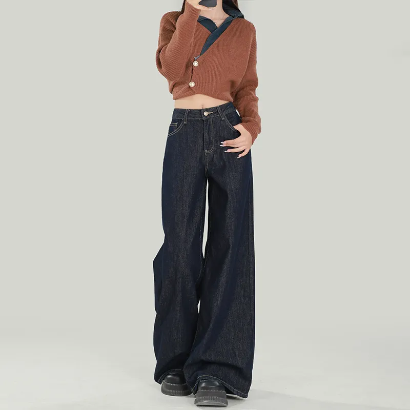 Women's Dark Blue Wide Leg Jeans - American Style High Waist Loose Fit Straight Leg Drape Pants - Trendy Autumn Versatile Slimming Floor Length Denim thumbnail 3