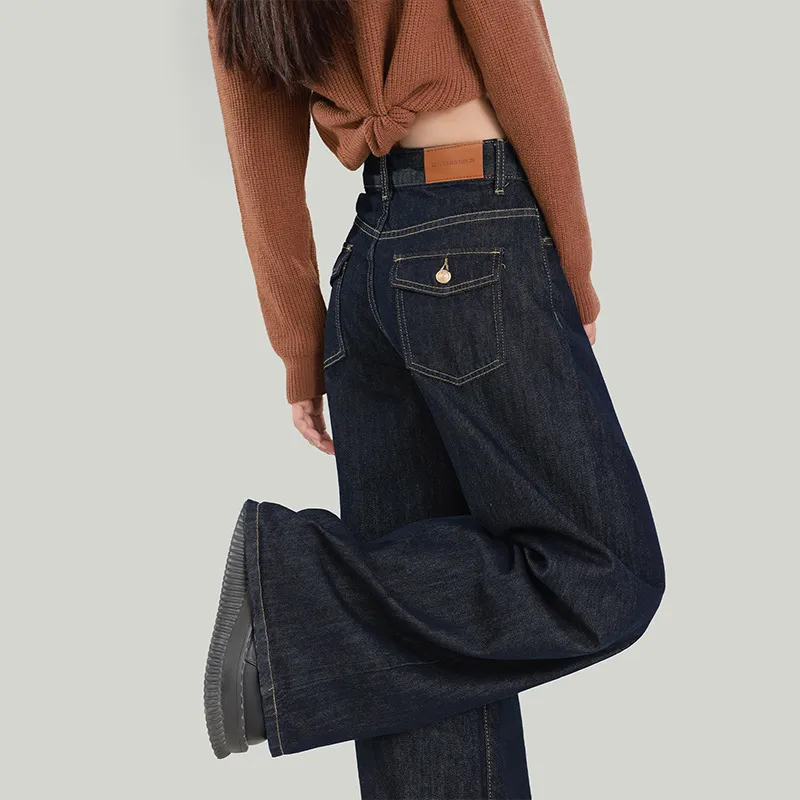 Women's Dark Blue Wide Leg Jeans - American Style High Waist Loose Fit Straight Leg Drape Pants - Trendy Autumn Versatile Slimming Floor Length Denim thumbnail 4