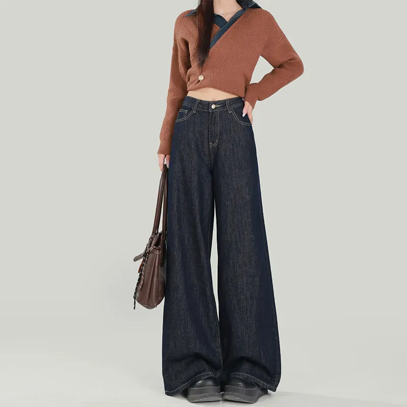 Women's Dark Blue Wide Leg Jeans - American Style High Waist Loose Fit Straight Leg Drape Pants - Trendy Autumn Versatile Slimming Floor Length Denim thumbnail 6