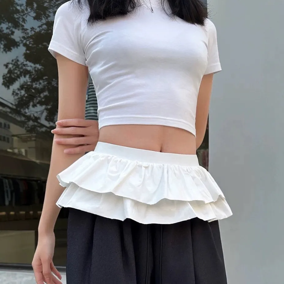 Women's High Waist White Mini Skirt - Ballet Style, Double Layered Lace, Anti-Exposure Design, Elegant Short Skirt for Parties and Casual Wear thumbnail 4