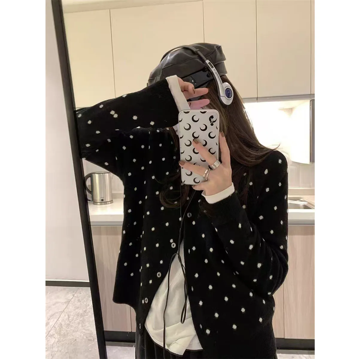 Women's Korean Style Polka Dot Knitted Cardigan Jacket - Soft, Versatile Autumn Winter Fashion Sweater Top thumbnail 2