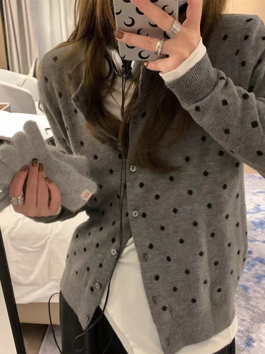 Women's Korean Style Polka Dot Knitted Cardigan Jacket - Soft, Versatile Autumn Winter Fashion Sweater Top showcase 13