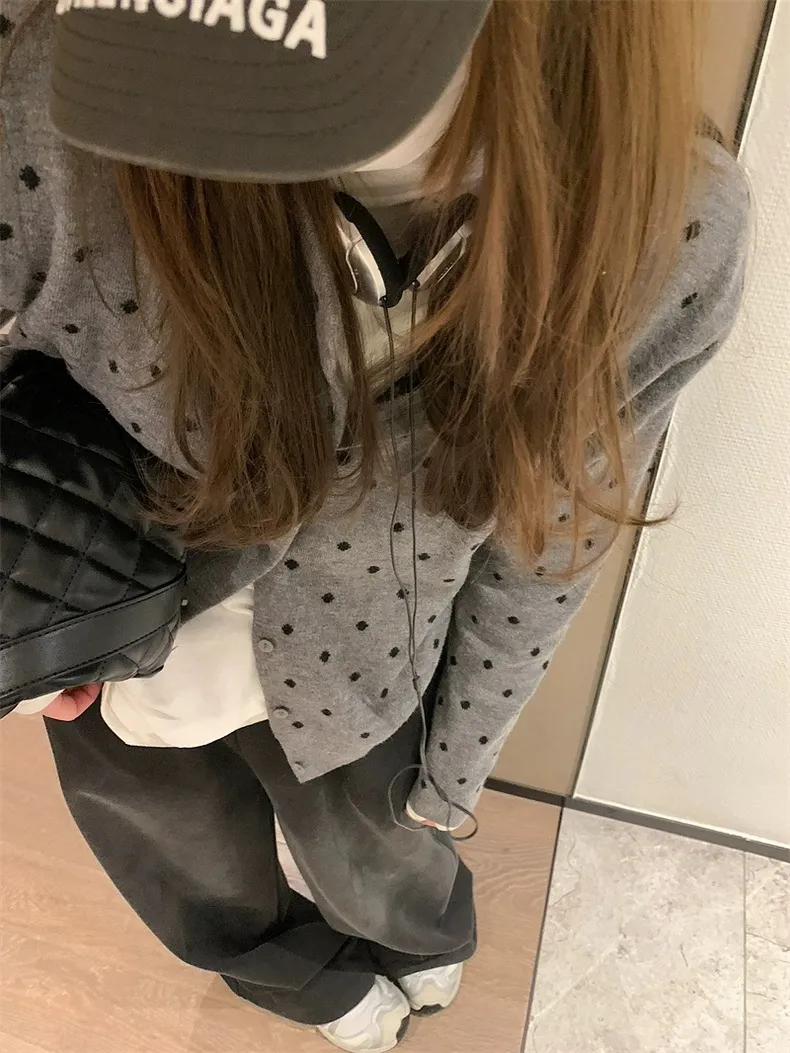 Women's Korean Style Polka Dot Knitted Cardigan Jacket - Soft, Versatile Autumn Winter Fashion Sweater Top showcase 15