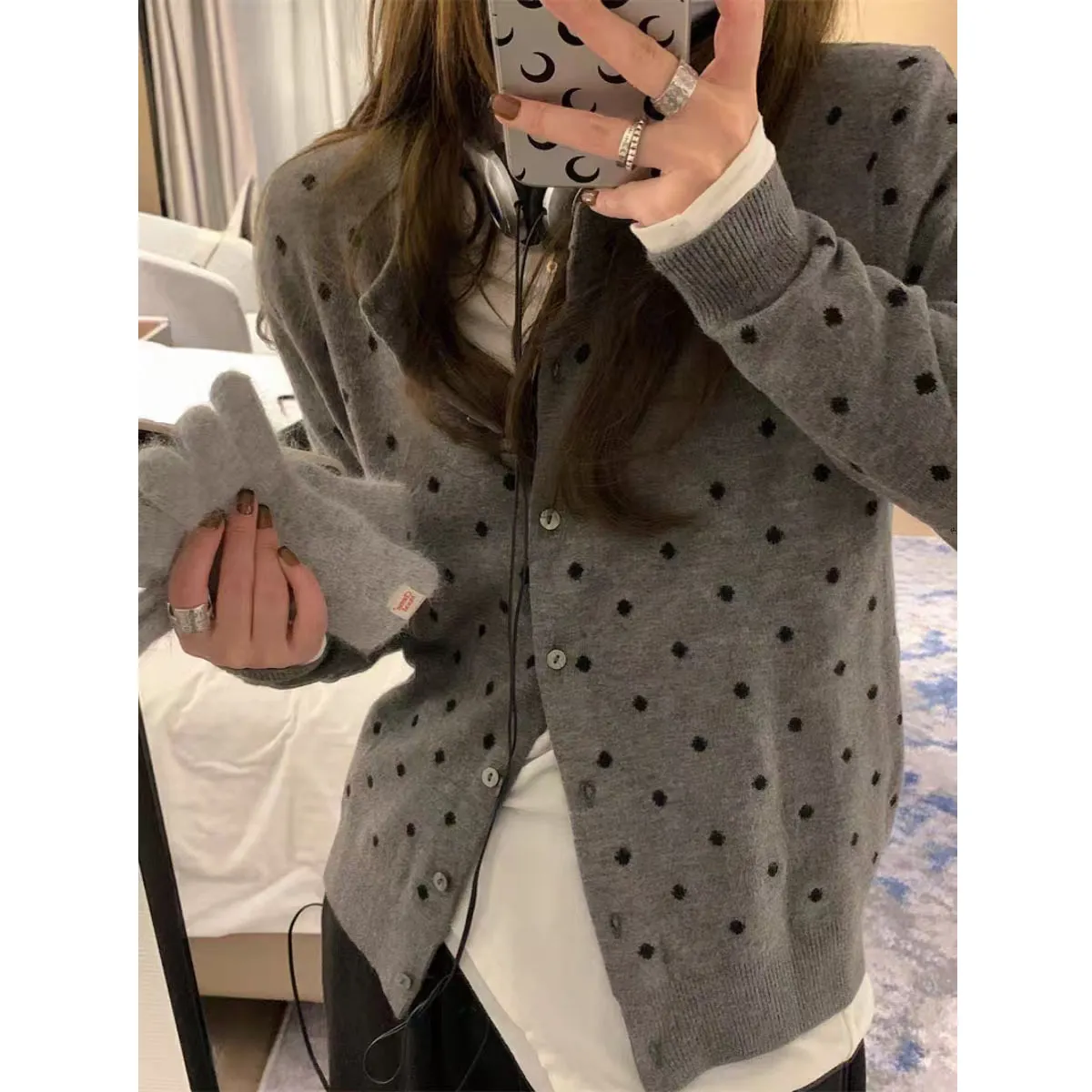 Women's Korean Style Polka Dot Knitted Cardigan Jacket - Soft, Versatile Autumn Winter Fashion Sweater Top thumbnail 1