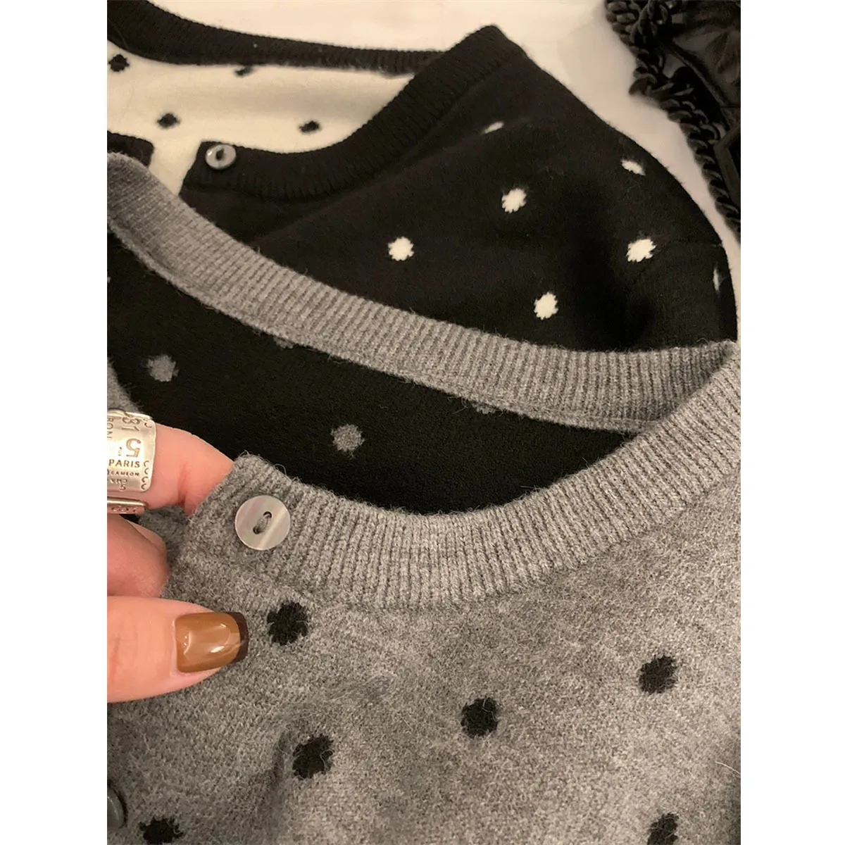 Women's Korean Style Polka Dot Knitted Cardigan Jacket - Soft, Versatile Autumn Winter Fashion Sweater Top thumbnail 4