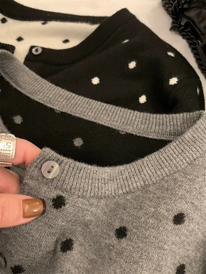 Women's Korean Style Polka Dot Knitted Cardigan Jacket - Soft, Versatile Autumn Winter Fashion Sweater Top showcase 6