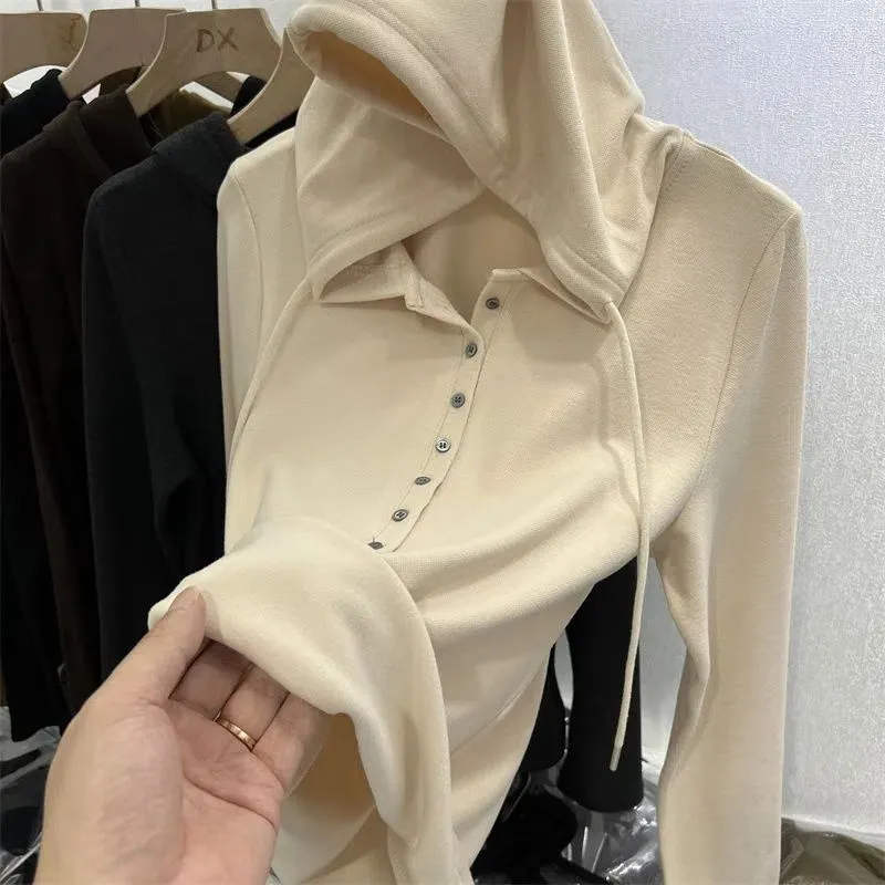 Women's Velvet Fleece Lined Hooded Top - Soft Warm Long Sleeve Shirt for Autumn Winter - Western Style Versatile Bottoming Shirt thumbnail 3