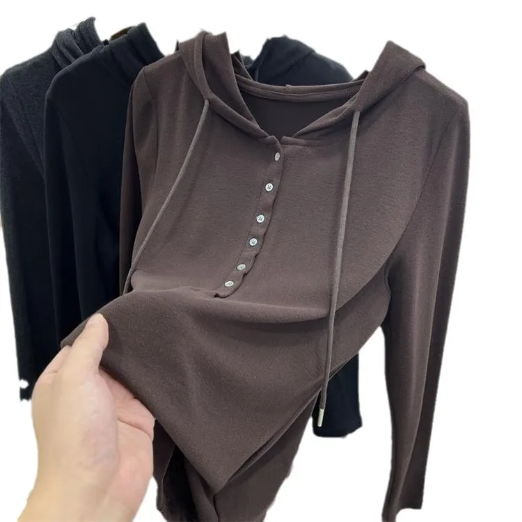 Women's Velvet Fleece Lined Hooded Top - Soft Warm Long Sleeve Shirt for Autumn Winter - Western Style Versatile Bottoming Shirt thumbnail 5