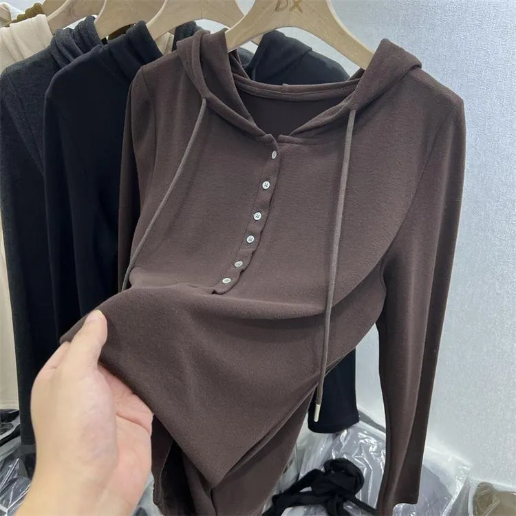 Women's Velvet Fleece Lined Hooded Top - Soft Warm Long Sleeve Shirt for Autumn Winter - Western Style Versatile Bottoming Shirt thumbnail 2