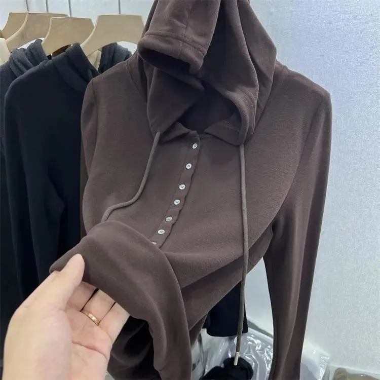 Women's Velvet Fleece Lined Hooded Top - Soft Warm Long Sleeve Shirt for Autumn Winter - Western Style Versatile Bottoming Shirt thumbnail 8