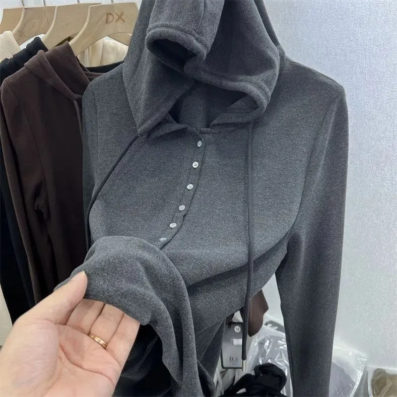 Women's Velvet Fleece Lined Hooded Top - Soft Warm Long Sleeve Shirt for Autumn Winter - Western Style Versatile Bottoming Shirt thumbnail 4
