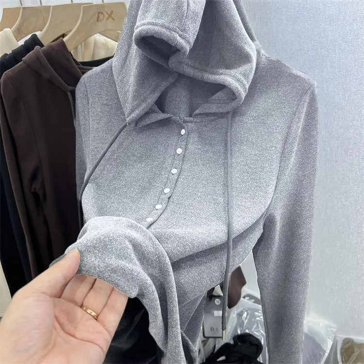 Women's Velvet Fleece Lined Hooded Top - Soft Warm Long Sleeve Shirt for Autumn Winter - Western Style Versatile Bottoming Shirt thumbnail 9