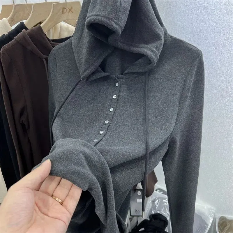 Women's Velvet Fleece Lined Hooded Top - Soft Warm Long Sleeve Shirt for Autumn Winter - Western Style Versatile Bottoming Shirt thumbnail 7