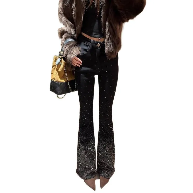 Women's High Waist Flare Jeans with Rhinestone Embellishments - Slim Fit Bootcut Denim Pants for Spring 2026 thumbnail 5