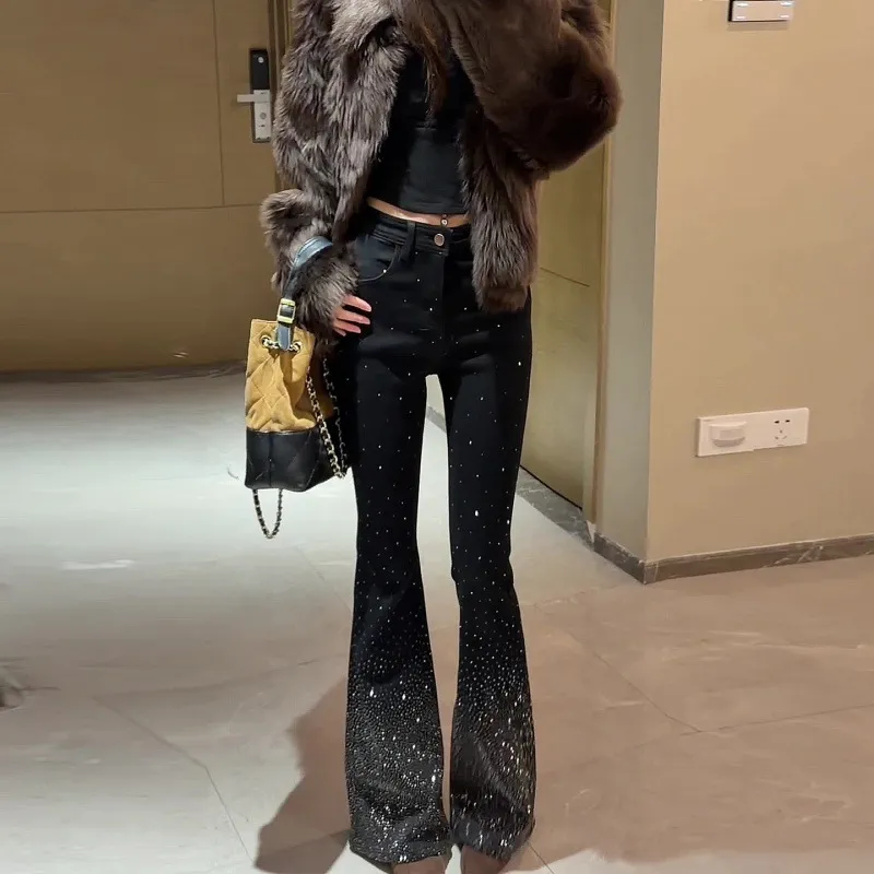 Women's High Waist Flare Jeans with Rhinestone Embellishments - Slim Fit Bootcut Denim Pants for Spring 2026 thumbnail 4