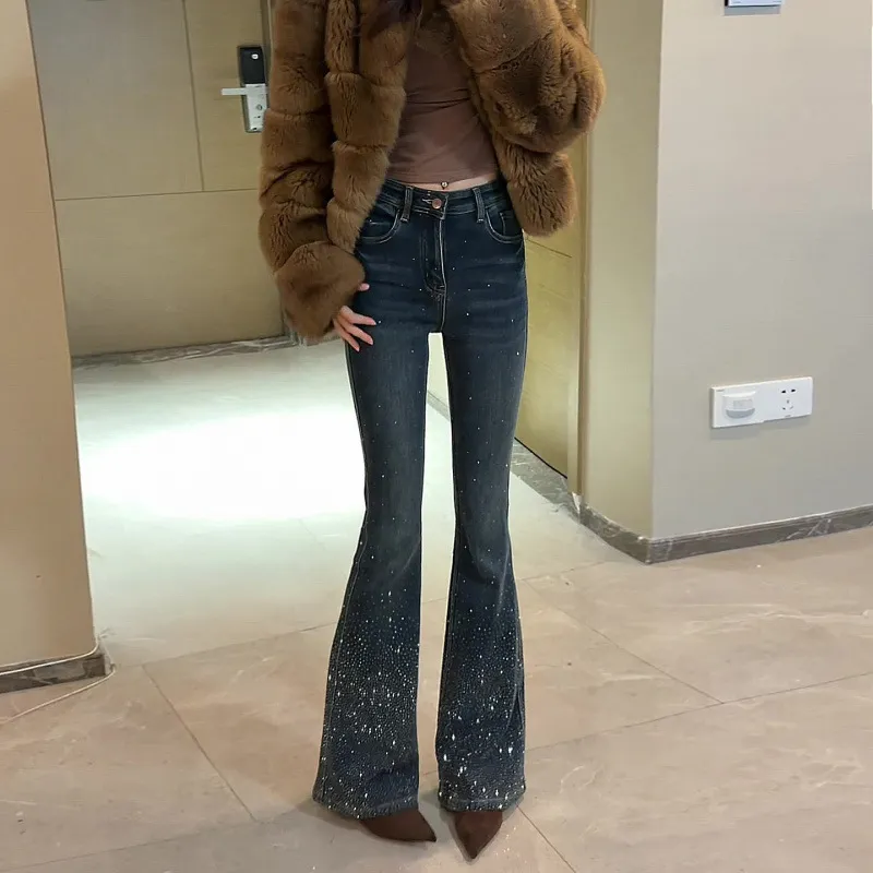 Women's High Waist Flare Jeans with Rhinestone Embellishments - Slim Fit Bootcut Denim Pants for Spring 2026 thumbnail 8