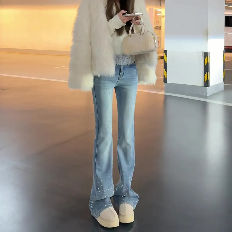 Women's High Waist Flare Jeans with Rhinestone Embellishments - Slim Fit Bootcut Denim Pants for Spring 2026 thumbnail 6
