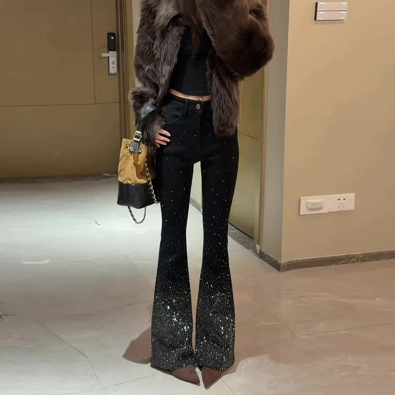 Women's High Waist Flare Jeans with Rhinestone Embellishments - Slim Fit Bootcut Denim Pants for Spring 2026 thumbnail 1