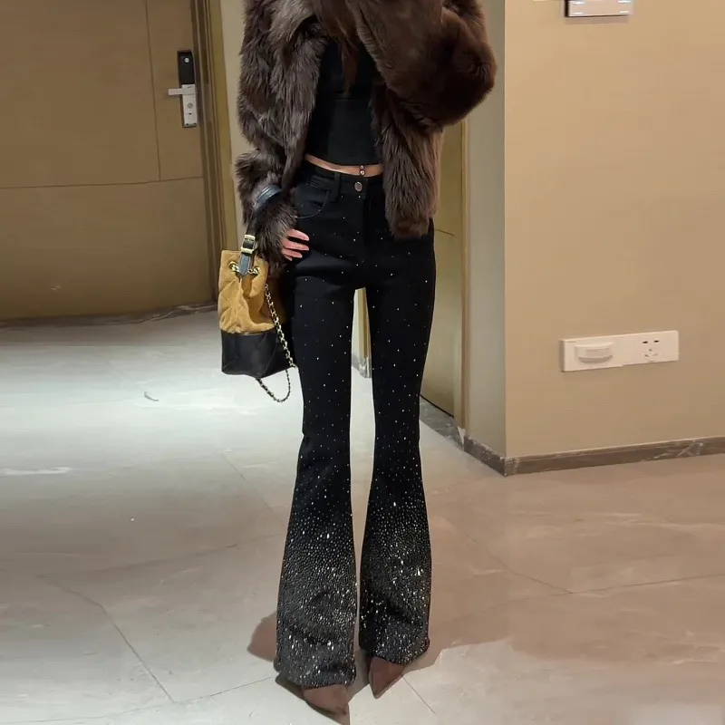 Women's High Waist Flare Jeans with Rhinestone Embellishments - Slim Fit Bootcut Denim Pants for Spring 2026 thumbnail 2