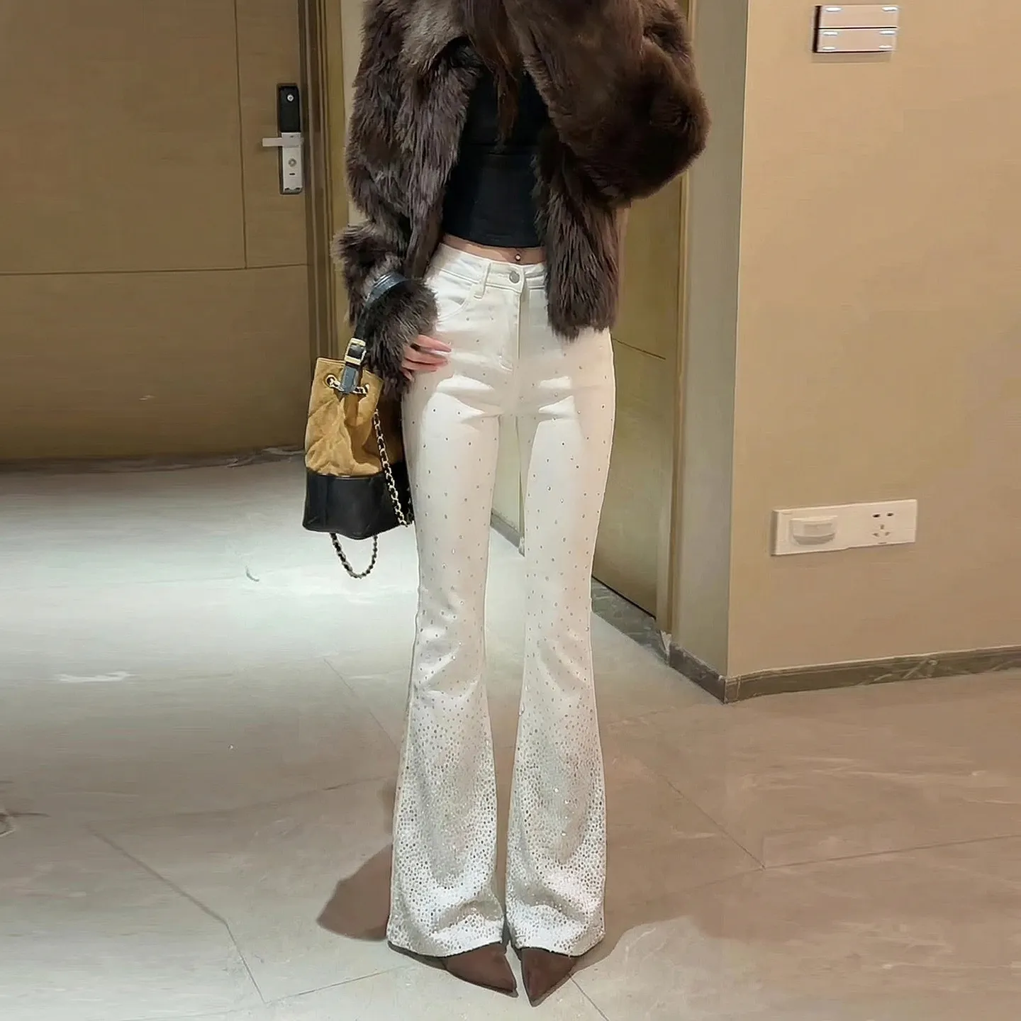 Women's High Waist Flare Jeans with Rhinestone Embellishments - Slim Fit Bootcut Denim Pants for Spring 2026 thumbnail 7