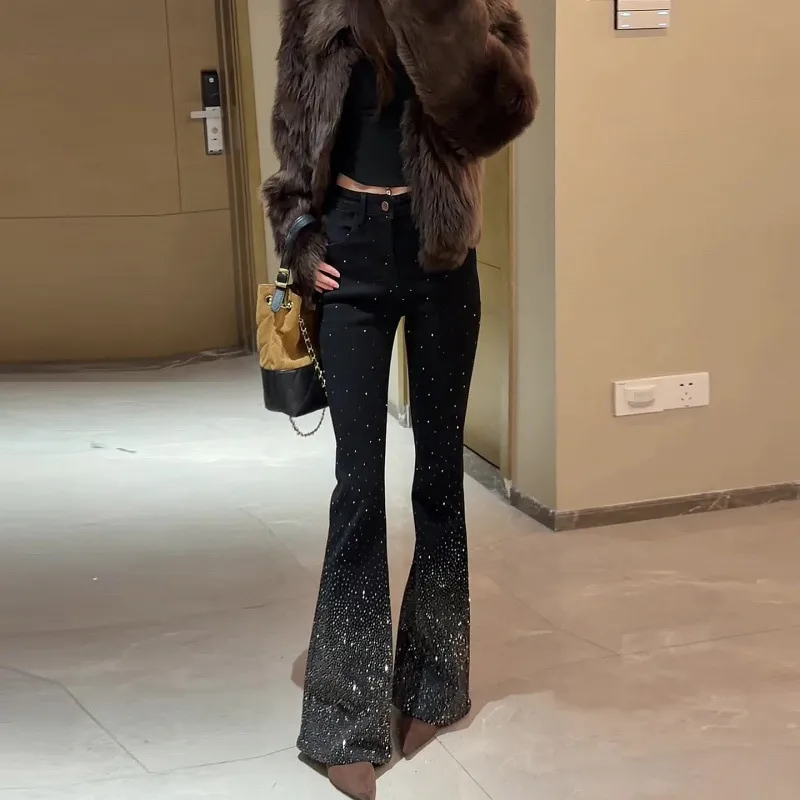 Women's High Waist Flare Jeans with Rhinestone Embellishments - Slim Fit Bootcut Denim Pants for Spring 2026 thumbnail 3