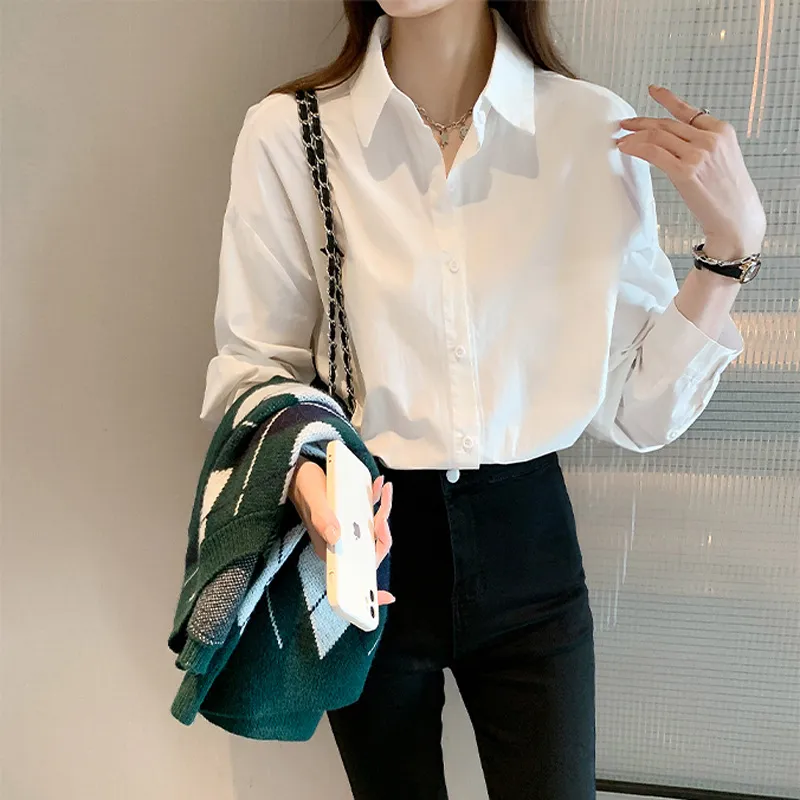 Women's White Long Sleeve Shirt - Korean Style Autumn Top, Versatile Western Design, Casual Inner Wear for Ladies thumbnail 2