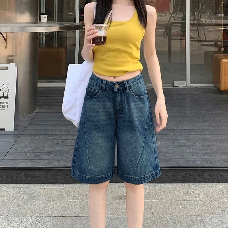 Women's Vintage Blue Denim Shorts - 2025 Summer Fashion, High Waist, Slimming, Loose Fit, Wide Leg, Knee Length, Trendy Jeans Pants thumbnail 4
