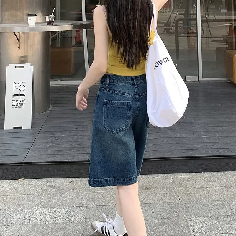 Women's Vintage Blue Denim Shorts - 2025 Summer Fashion, High Waist, Slimming, Loose Fit, Wide Leg, Knee Length, Trendy Jeans Pants thumbnail 3