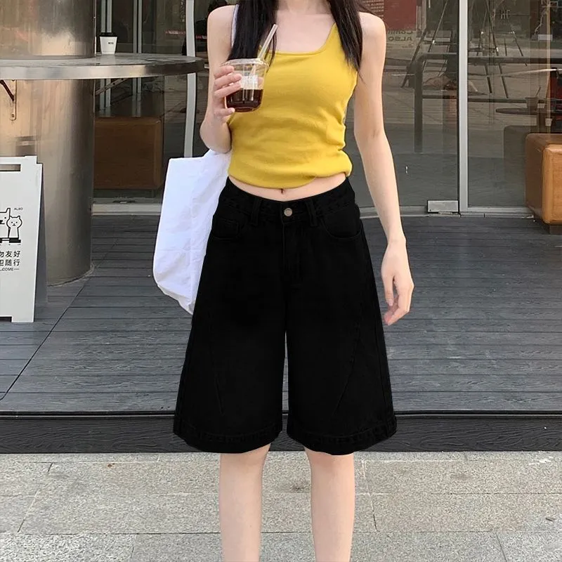 Women's Vintage Blue Denim Shorts - 2025 Summer Fashion, High Waist, Slimming, Loose Fit, Wide Leg, Knee Length, Trendy Jeans Pants thumbnail 7