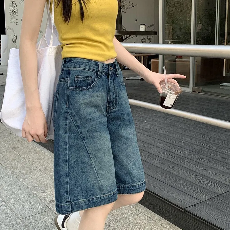 Women's Vintage Blue Denim Shorts - 2025 Summer Fashion, High Waist, Slimming, Loose Fit, Wide Leg, Knee Length, Trendy Jeans Pants thumbnail 2