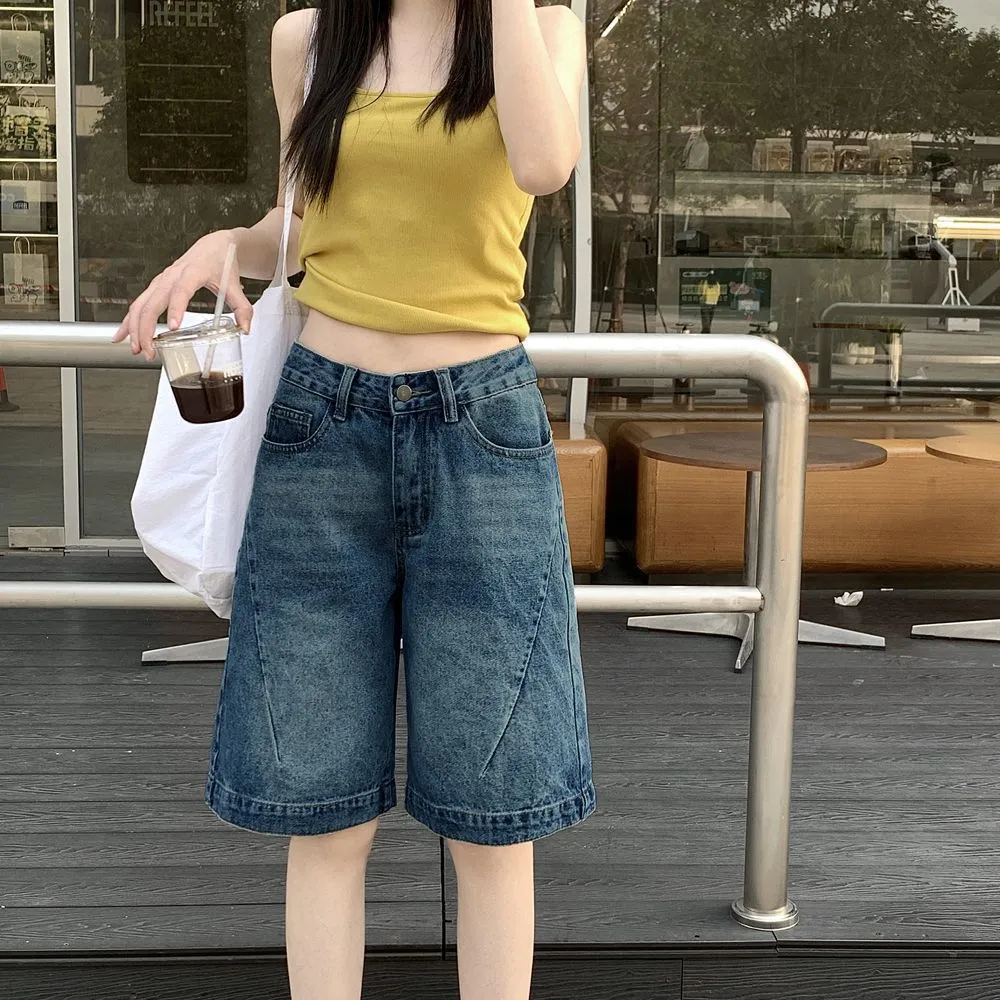 Women's Vintage Blue Denim Shorts - 2025 Summer Fashion, High Waist, Slimming, Loose Fit, Wide Leg, Knee Length, Trendy Jeans Pants showcase 2