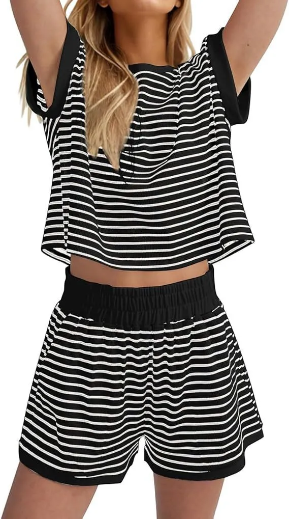 Women's Striped Casual Tracksuit Set - Summer Short Sleeve Top and Shorts - Ladies Sportswear Loungewear Outfit thumbnail 9