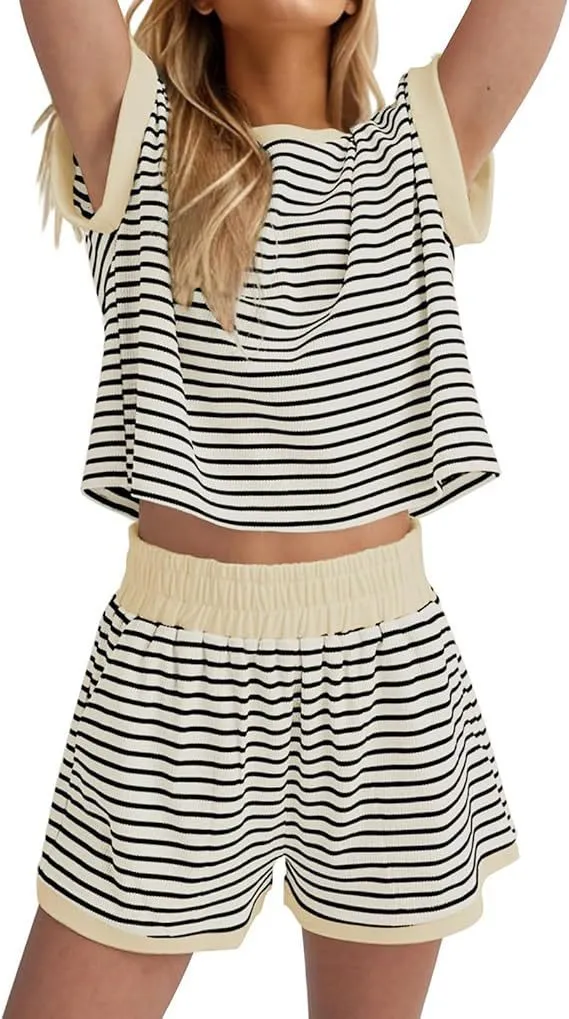 Women's Striped Casual Tracksuit Set - Summer Short Sleeve Top and Shorts - Ladies Sportswear Loungewear Outfit thumbnail 8