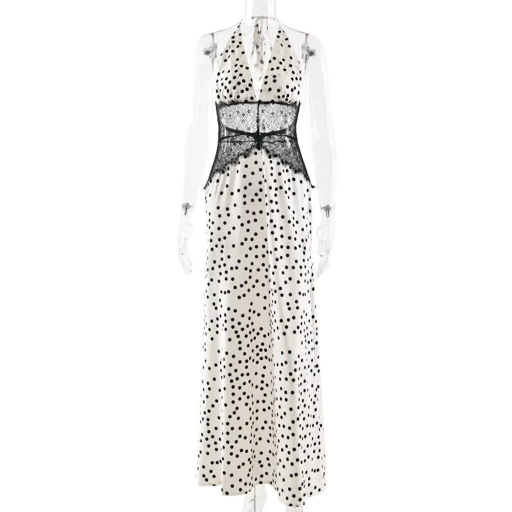 Women's Elegant Polka Dot Lace Maxi Dress, Sexy Backless Evening Gown, Slim Waist Party Dress for Ladies showcase 6