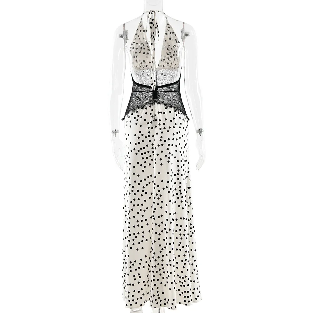 Women's Elegant Polka Dot Lace Maxi Dress, Sexy Backless Evening Gown, Slim Waist Party Dress for Ladies showcase 8