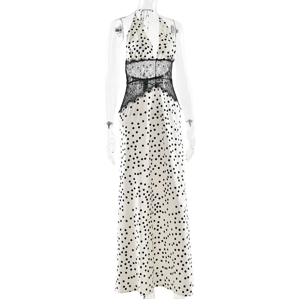 Women's Elegant Polka Dot Lace Maxi Dress, Sexy Backless Evening Gown, Slim Waist Party Dress for Ladies showcase 7