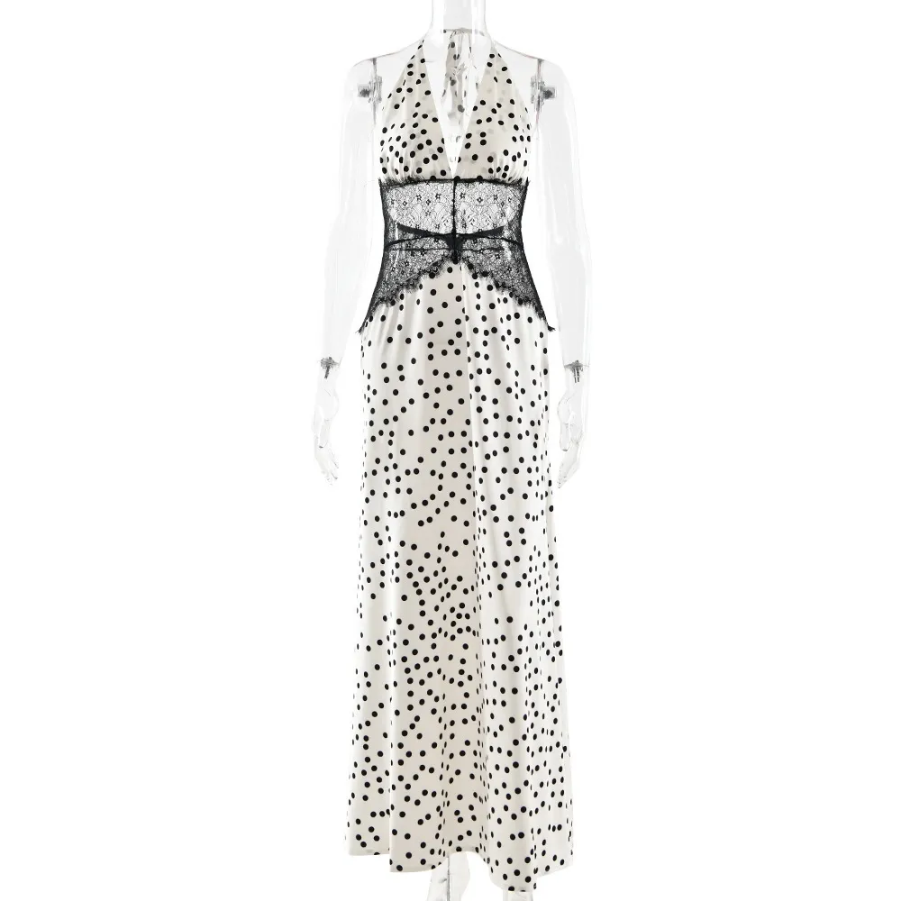 Women's Elegant Polka Dot Lace Maxi Dress, Sexy Backless Evening Gown, Slim Waist Party Dress for Ladies thumbnail 6