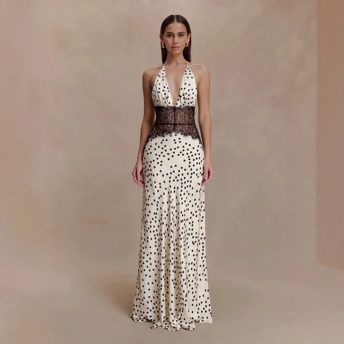 Women's Elegant Polka Dot Lace Maxi Dress, Sexy Backless Evening Gown, Slim Waist Party Dress for Ladies showcase 5