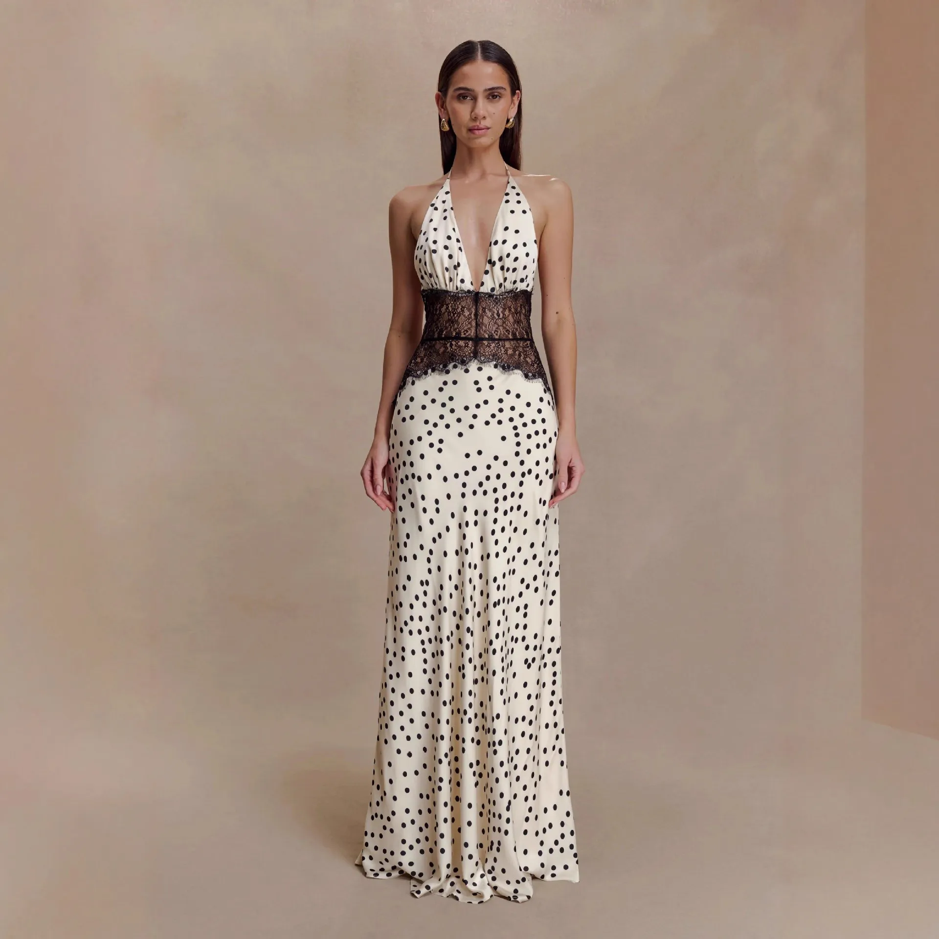 Women's Elegant Polka Dot Lace Maxi Dress, Sexy Backless Evening Gown, Slim Waist Party Dress for Ladies thumbnail 1